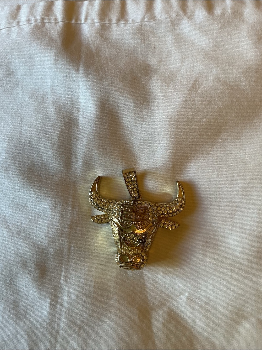 Gold Tone Bull Head Pendant with Rhinestones